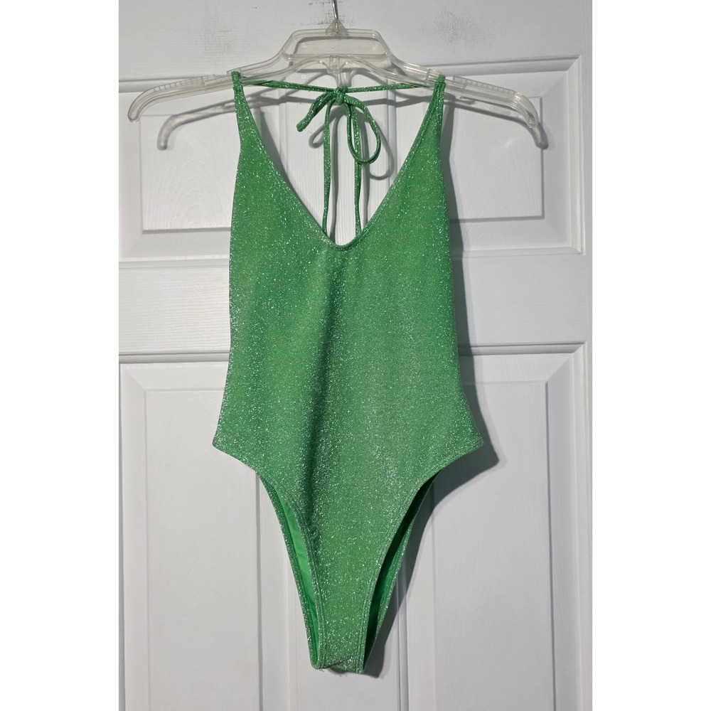 Forever 21 Women Green Metallic Glitter Halter Low Cowl Back One Piece Swimsuit